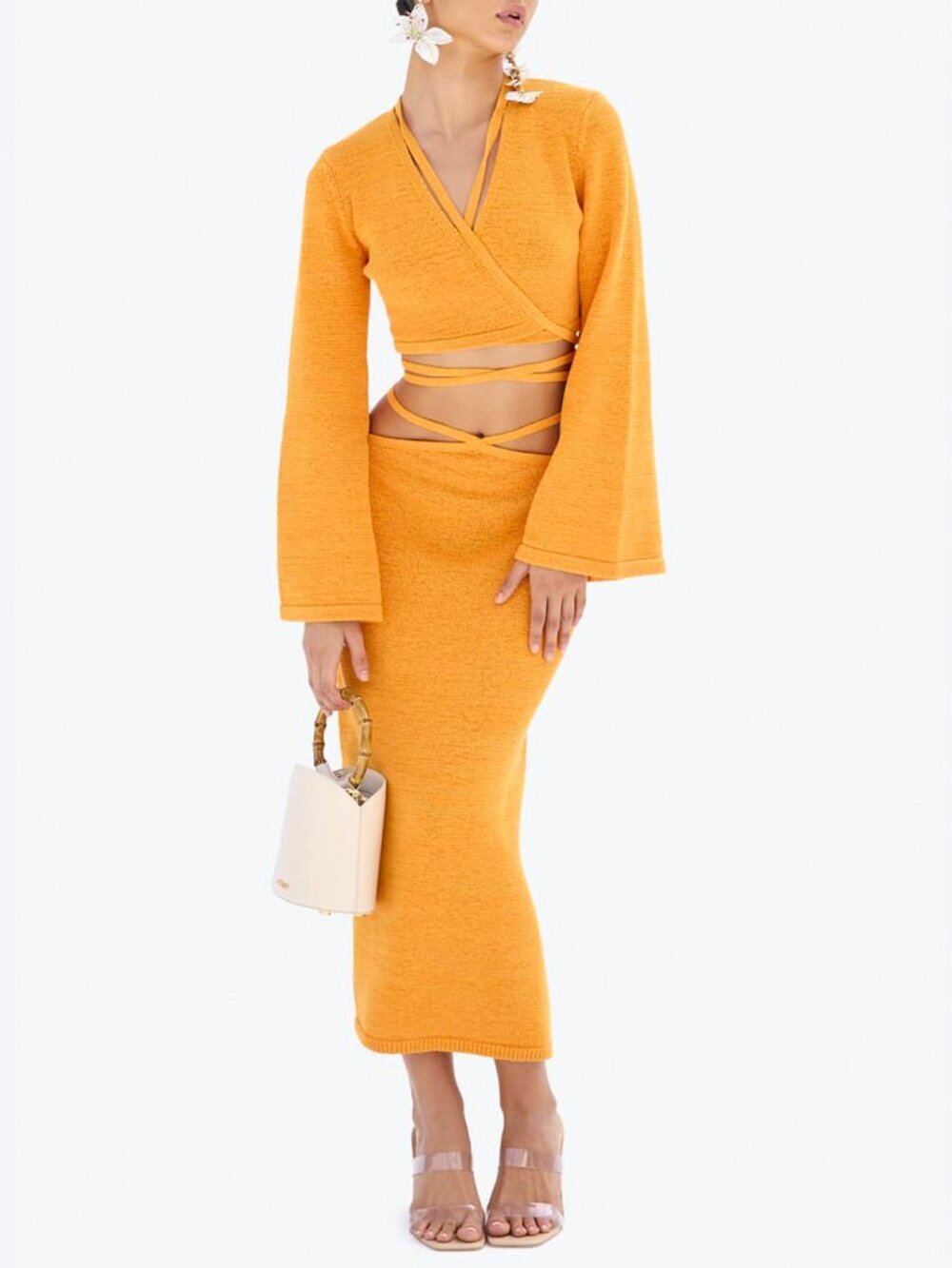 Cult Gaia Knit Set Heather Wrap Top + Hedda Skirt in Marigold
